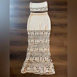 Beginning Boutique Cream Crochet Knit Skirt Set - Strapless Top + Maxi Skirt